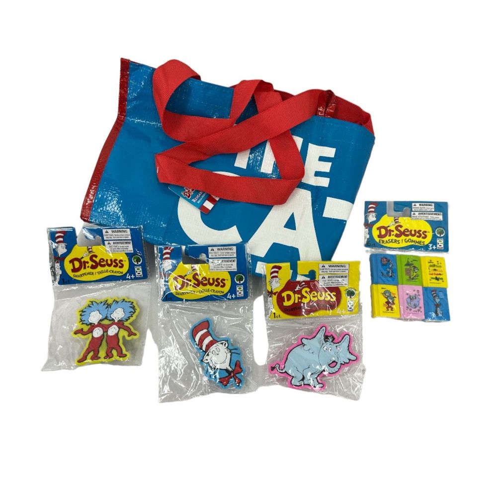 Dr Seuss collection 5 pc erasers pencil sharpeners bag Cat Hat Horton Thing 1 2